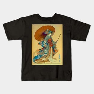 Vintage Art Nouveau Traditional Japanese Anthropomorphic Kitsune Kids T-Shirt